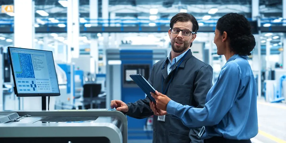 Two colleagues talking beside a workstation monitor on a manufacturing floor — machine shop and manufacturing insurance in Georgia