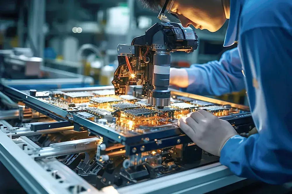A worker inspecting a circuit-board assembly under a magnifier on a production line — machine shop and manufacturing insurance in Massachusetts