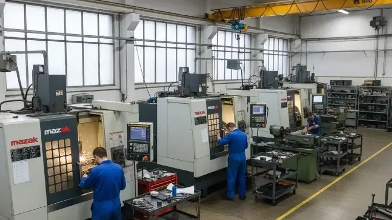 Two machinists in coveralls operating vertical machining centers on a machine shop floor